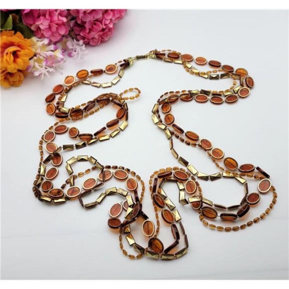 Vintage HONG KONG Butterscotch Lucite Faux Amber Multi Strand Necklace 48"